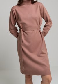 Robe en maille rose clair avec un col montant, des manches longues et une ceinture nouée à la taille ; présente un ourlet côtelé et une texture.