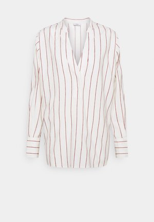 White long-sleeve blouse with vertical thin red stripes, split V-neck, and cuffed sleeves on a plain background.