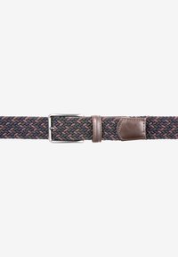 Geflochtener Gürtel mit mehrfarbigen Streifen in Marineblau, Burgunderrot und Braun. Schnalle aus silbernem Metall und braunes Lederakzent. 45 mm breit.