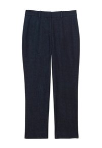 Pantalon en denim bleu sombre. Présente une coupe droite, des passants de ceinture et des poches latérales. Texture lisse avec un design classique.