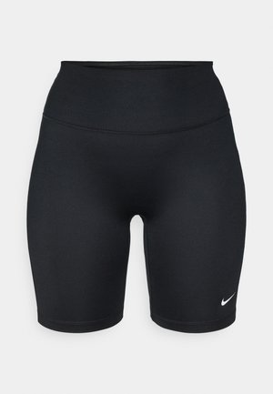 Zwarte, hoog getailleerde sportshorts gemaakt van glad, rekbaar materiaal, met een wit Nike-logo aan de onderkant rechts.