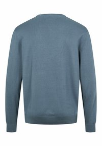 Pull bleu uni à manches longues, vu de dos, avec un col rond et des poignets et un bas côtelés.