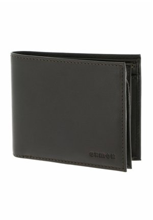 Black leather bifold wallet with stitched edges and embossed brand logo on the front bottom right corner, partially open showing inner compartments.
