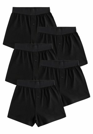 Set aus fünf schwarzen Baumwollboxershorts mit einem Bund mit Markenlogo und einer Knopfverschluss vorne. Glatte Textur, lockere Passform.
