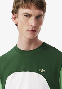 Camiseta de crew neck verde y blanca hecha de algodón, con un logo bordado en el lado izquierdo del pecho y mangas en contraste.