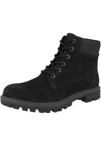 Botas de tobillo de ante negro con puntera redondeada, suela de goma resistente con tacos y diseño de cordones que presenta seis ojales de metal y un collar acolchado.