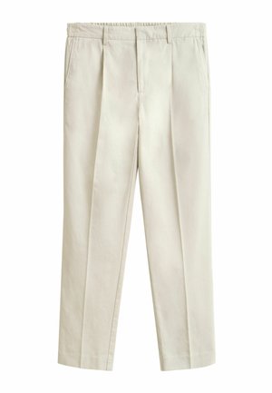 Beige gerade geschnittene Hose mit vorderen Falten, Seitentaschen, Gürtelschlaufen und einem Reißverschlussverschluss.