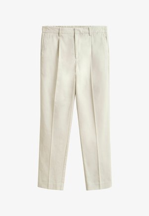 Beige gerade geschnittene Hose mit vorderen Falten, Seitentaschen, Gürtelschlaufen und einem Reißverschlussverschluss.