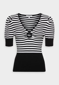 Haut rayé noir et blanc avec un col en V, des manches courtes bouffantes et un détail circulaire au centre. Texture côtelée, coupe ajustée.