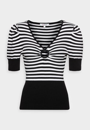 Schwarz-weiß gestreiftes Oberteil mit V-Ausschnitt, kurzen Puffärmeln und einem kreisförmigen Akzentdetail in der Mitte. Gerippte Textur, figurbetontes Design.