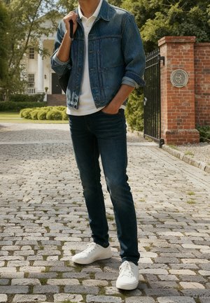 Homme portant une veste en jean, une chemise blanche, un jean foncé et des baskets blanches, debout sur un chemin pavé près d'une porte en briques.
