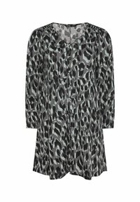 Sukienka w panterkę z czarno-szarym wzorem, długimi rękawami i dekoltem w kształcie litery V, z guzikami z przodu i luźnym krojem.
