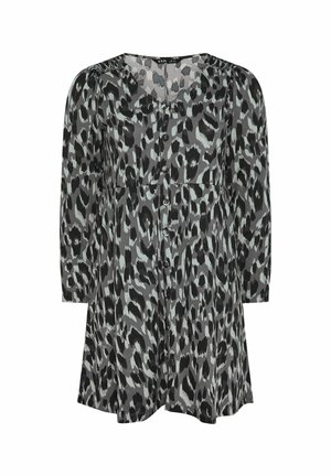 Luipaardprint jurk met een zwart en grijs patroon, lange mouwen en een V-halslijn, met knopen aan de voorkant en een losse pasvorm.