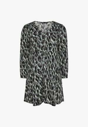 Luipaardprint jurk met een zwart en grijs patroon, lange mouwen en een V-halslijn, met knopen aan de voorkant en een losse pasvorm.