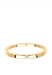 Goldener Ring mit glatter, polierter Oberfläche; verfügt über einen kleinen runden Diamanten in der Mitte; schlichtes, schmales Band; innen mit "585" punziert.