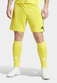Gele voetbalshorts en bijpassende kniekousen met witte accenten. De shorts hebben zwarte strepen en een logo op de pijp.