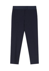 Pantaloni blu navy con una texture liscia, design a gamba dritta, due tasche laterali e chiusura con bottone in vita.