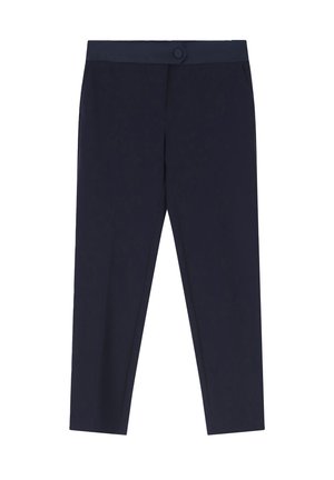 Pantaloni blu navy con una texture liscia, design a gamba dritta, due tasche laterali e chiusura con bottone in vita.