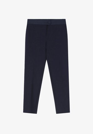 Pantaloni blu navy con una texture liscia, design a gamba dritta, due tasche laterali e chiusura con bottone in vita.