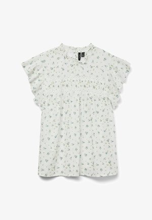 Valge lühikeste varrukatega pluus, millel on sinise ja rohelise lillemuster, frill-varrukad ja pitsdetail rindkeres. Ümmargune kaelus.