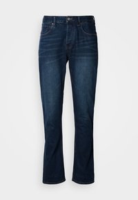 Jeansi din denim de culoare albastră închisă, cu un croi drept, având ilustrații portocalii, un nasture metalic și un design de bază cu cinci buzunare.