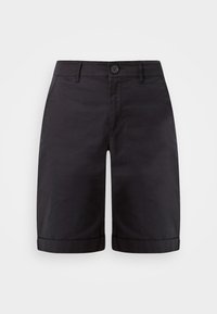 Sorte knælange shorts med opsmøg, frontknap, lynlås lukning og sidelommer på en hvid baggrund.