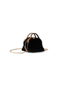 Black velvet handbag with gold-tone hardware, featuring dual handles, a detachable chain strap, and a rounded shape with a zip closure.