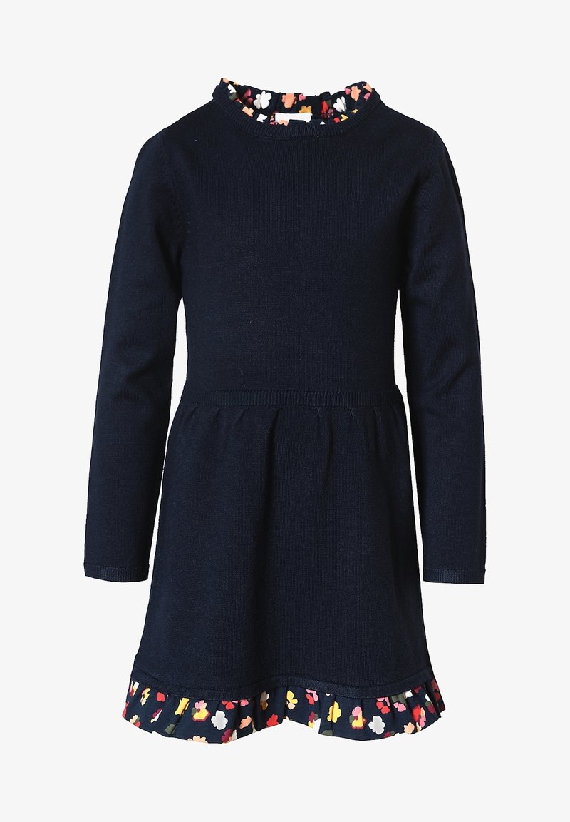 Robe bleu marine à manches longues avec bordure froncée à motif floral au niveau de l'encolure et de l'ourlet, taille ajustée, adaptée aux enfants.