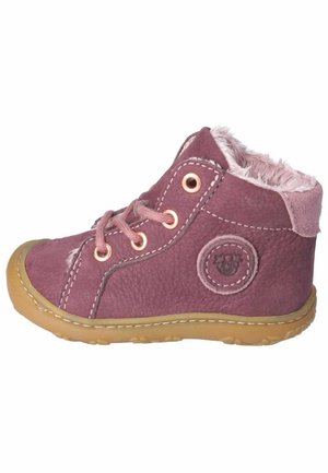 Lila Leder-Ankle-Boot mit Futter aus Kunstfell, runder Logodetail, rosa Schnürsenkeln und Gummisohle. Verfügt über kontrastierende Nähte.