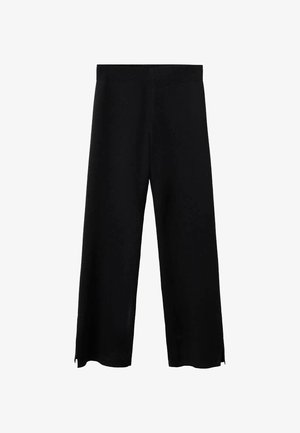 Crne široke hlače od mekane tkanine, s elastičnim pojasom i bočnim prorezima na rubu za dodatni detalj i udobnost.