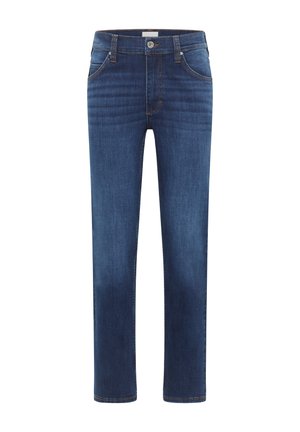 Donkerblauwe denim jeans met een rechte pijp, vijf zakken, contrasterende stiksels en een ritssluiting met knoopsluiting.