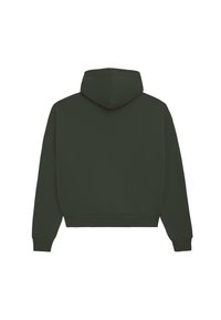 Sudadera verde oscuro mostrada desde atrás, con mangas largas, una capucha y puños y dobladillo acanalados.