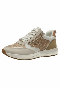 Baskets beige clair avec des accents blancs et beiges. Présentent un panneau de texture tissée, des lacets et une fermeture éclair sur le côté. Semelle en caoutchouc.