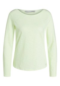 Dámská košile s dlouhým rukávem v světle pastelově zelené barvě s kulatým výstřihem a jemnými vodorovnými pruhy.