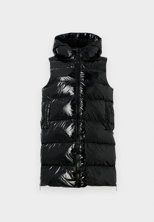 Gilet smanicato imbottito nera lucida con cappuccio e zip anteriore, con tasche laterali, disteso su sfondo bianco.