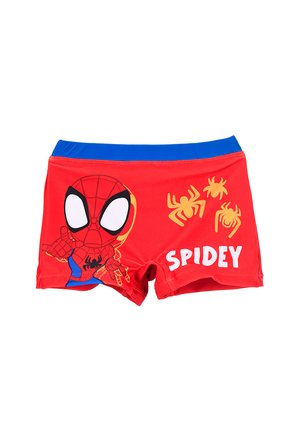 Red children's swim shorts with blue waistband featuring cartoon Spiderman face, three yellow spiders, and the word "Spidey" in white letters.