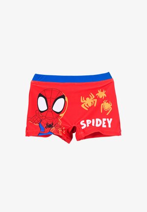 Rote Kinder-Badeshorts mit blauem Bund, darauf ein Cartoon-Spiderman-Gesicht, drei gelbe Spinnen und das Wort „Spidey“ in weißen Buchstaben.
