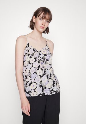 Camisola floral preta com flores em lavanda e brancas, apresentando alças finas e decote em V. Tecido leve com um corte relaxado.
