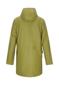 Wodoodporny zielony płaszcz przeciwdeszczowy z kapturem, długimi rękawami i długością do ud. Charakteryzuje się gładką fakturą i minimalistycznym designem.