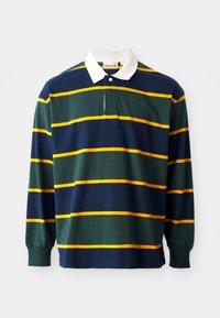 Long-sleeve polo shirt featuring green, navy, and yellow stripes, with a white collar and small logo on the chest. Cotton material.