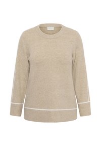 Pull en laine beige avec col rond, manches longues et ourlet côtelé. Des lignes d'accent blanches courent le long des côtés et des poignets.