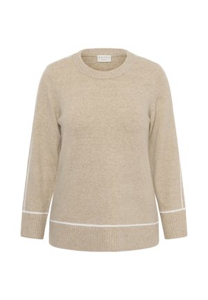 Bež vuneni džemper s okruglim izrezom, dugim rukavima i rebrastim rubom. Bijele naglašene linije protežu se duž bočnih strana i manžeta.