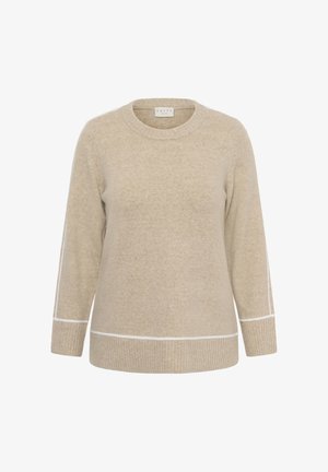 Beiger Wollpullover mit Rundhalsausschnitt, langen Ärmeln und geripptem Saum. Weiße Akzentlinien verlaufen entlang der Seiten und Bündchen.