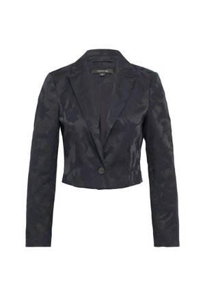 Black cropped blazer with a subtle camouflage pattern, featuring a notched collar and a single button closure. Smooth fabric texture.