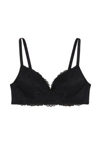 Bralette en dentelle noire avec des bonnets triangulaires, motif floral, bretelles réglables, bordure en dentelle festonnée le long des bords et bandeau en tissu uni.