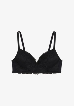 Bralette en dentelle noire avec des bonnets triangulaires, motif floral, bretelles réglables, bordure en dentelle festonnée le long des bords et bandeau en tissu uni.