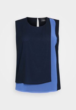 Top fără mâneci cu un design stratificat, realizat din țesături de navy închis și albastru deschis. Textură fină, decolteu rotund și un detaliu cu cheiță la spate.