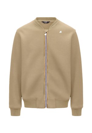 Felpa con zip beige con colletto tondo, caratterizzata da un bordo della zip a contrasto e un piccolo logo ricamato sul lato sinistro del petto.