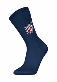 Calzini a crew blu navy con texture a coste e logo della NFL in rosso, bianco e blu posizionato sul davanti. Realizzati in un materiale elastico.