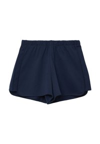 Marineblauwe sportshorts met een elastische tailleband, gemaakt van zachte stof, met een gladde textuur en een ronde zoom voor comfort.